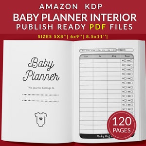 Op de afbeelding: Een zwart-wit afbeelding van een baby-plannerjournaal met de tekst "Baby Planner" en "Dit dagboek behoort toe aan" op de linkerpagina. De rechterpagina heeft een tabel met kolommen voor tijd, eten, slaap en luier. Het journaal heeft 120 pagina's.
