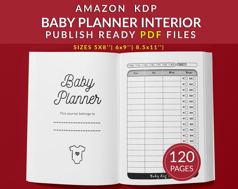 Op de afbeelding: Een zwart-wit afbeelding van een baby-plannerjournaal met de tekst "Baby Planner" en "Dit dagboek behoort toe aan" op de linkerpagina. De rechterpagina heeft een tabel met kolommen voor tijd, eten, slaap en luier. Het journaal heeft 120 pagina's.