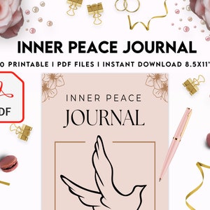 Pode incluir: Um di&aacute;rio imprim&iacute;vel com fundo rosa e contorno dourado. A capa apresenta uma pomba com as asas abertas e o texto "INNER PEACE JOURNAL". O di&aacute;rio est&aacute; dispon&iacute;vel para download em PDF e inclui 60 p&aacute;ginas imprim&iacute;veis.