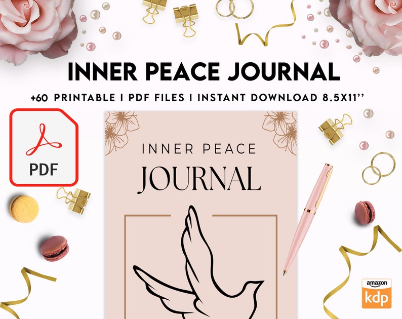 Pode incluir: Um di&aacute;rio imprim&iacute;vel com fundo rosa e contorno dourado. A capa apresenta uma pomba com as asas abertas e o texto "INNER PEACE JOURNAL". O di&aacute;rio est&aacute; dispon&iacute;vel para download em PDF e inclui 60 p&aacute;ginas imprim&iacute;veis.