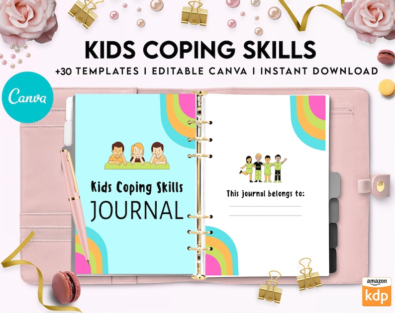 May include: A pink binder with a blue and green cover featuring a rainbow design and the text "Kids Coping Skills JOURNAL." The cover also includes illustrations of children. The binder is open to a page with the text "This journal belongs to:"