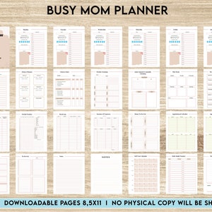 Puede incluir: Un planificador imprimible con el t&iacute;tulo "Busy Mom Planner" y una imagen de portada de una mujer trabajando en una computadora port&aacute;til. El planificador incluye p&aacute;ginas para horarios diarios, planificaci&oacute;n de comidas, seguimiento de h&aacute;bitos y m&aacute;s. Est&aacute; dise&ntilde;ado para madres ocupadas que necesitan ayuda para mantenerse organizadas.
