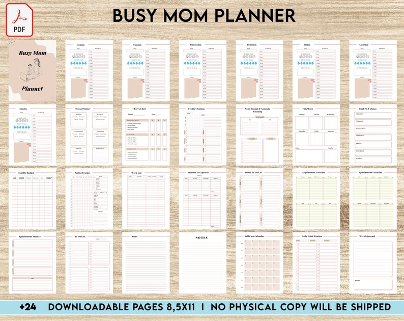 Puede incluir: Un planificador imprimible con el t&iacute;tulo "Busy Mom Planner" y una imagen de portada de una mujer trabajando en una computadora port&aacute;til. El planificador incluye p&aacute;ginas para horarios diarios, planificaci&oacute;n de comidas, seguimiento de h&aacute;bitos y m&aacute;s. Est&aacute; dise&ntilde;ado para madres ocupadas que necesitan ayuda para mantenerse organizadas.
