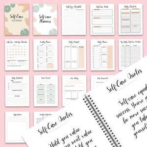 Puede incluir: Un diario de autocuidado con p&aacute;ginas para registros diarios, planificaci&oacute;n semanal, establecimiento de objetivos, tableros de visi&oacute;n y afirmaciones. El diario tiene un esquema de color rosa y verde con un dise&ntilde;o floral. El texto de la portada dice "Diario de autocuidado" y "Citas de autocuidado".