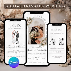 Puede incluir: Tres teléfonos inteligentes que muestran invitaciones de boda digitales. Las invitaciones presentan diseños florales, ilustraciones de parejas y texto como "Join Us", "Save the Date" y detalles de la boda. El logotipo de Canva es visible en una pantalla.