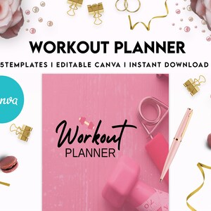 May include: Pink and gold workout planner cover with the text "Workout Planner" and a pink dumbbell. The cover is surrounded by gold ribbon, gold paper clips, and pearl beads.