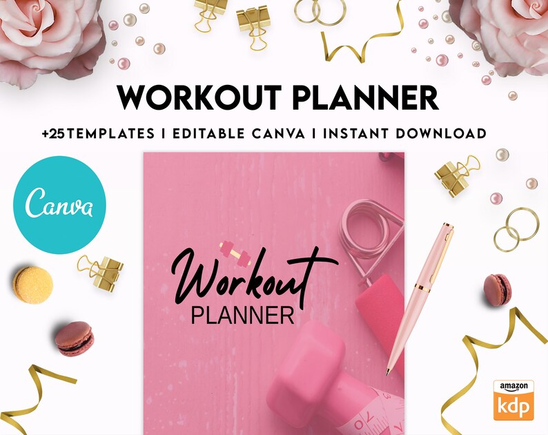 May include: Pink and gold workout planner cover with the text "Workout Planner" and a pink dumbbell. The cover is surrounded by gold ribbon, gold paper clips, and pearl beads.