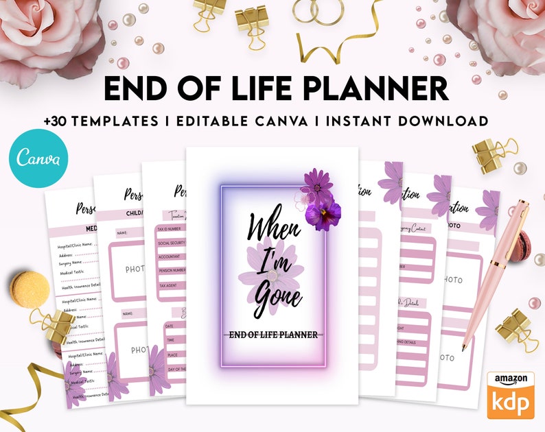 Puede incluir: Un planificador de fin de vida imprimible con un dise&ntilde;o floral morado. El planificador incluye secciones para informaci&oacute;n m&eacute;dica, detalles personales y arreglos funerarios. La portada presenta el texto "When I'm Gone - End of Life Planner".