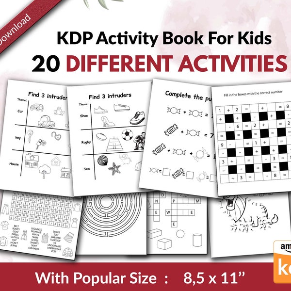 Kinderactiviteitenboek KDP bevat puzzels, van punt tot punt, doolhoven... Sjabloon voor kinderactiviteiten klaar om PDF COMMERCIEEL gebruik te uploaden 8,5x11"