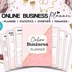 May include: An online business planner with a pink marble cover featuring a gold glitter diagonal stripe and the text Online Business Planner. The set includes multiple interior pages with sections for statistics, overview, and finances, decorated with gold binder clips and macarons.