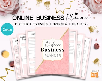 May include: A pink and gold Online Business Planner with the text "Online Business Planner" and "Planner | Statistics | Overview | Finances." The planner includes pages for planning, statistics, and finances. The Canva and Amazon KDP logos are also visible.
