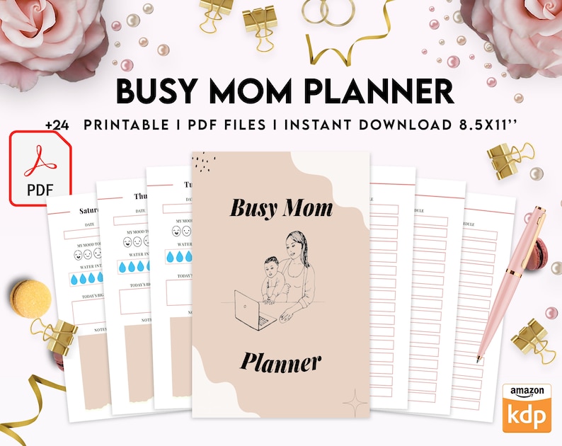 Puede incluir: Un planificador imprimible para mam&aacute;s ocupadas con un esquema de color rosa y blanco. La portada presenta un dibujo de l&iacute;nea de una madre y un ni&ntilde;o usando una computadora port&aacute;til. El texto "Busy Mom Planner" est&aacute; en negro. El planificador incluye 24 archivos PDF imprimibles y est&aacute; disponible para descarga instant&aacute;nea.
