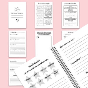 May include: A black and white printable dream journal with pages for recording dreams, tracking moods, and journaling. The journal includes sections for recording the date, location, time of day, and any recurring themes. It also includes a mood tracker with stars representing different emotions, such as happy, calm, in love, confident, sad, anxious, and overwhelmed.