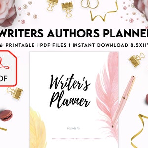 May include: A printable PDF planner for writers and authors. The cover features a pink and yellow feather design with the text "Writer's Planner" and "BELONGS TO:". The text "WRITERS AUTHORS PLANNER +26 PRINTABLE I PDF FILES I INSTANT DOWNLOAD 8.5X11" is at the top of the image.