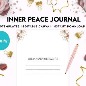 K&ouml;nnte beinhalten: Ein digitaler Download f&uuml;r ein druckbares Inner Peace Journal mit &uuml;ber 60 Vorlagen. Das Journal ist f&uuml;r die Bearbeitung in Canva konzipiert und verf&uuml;gt &uuml;ber ein goldenes Blumenmuster auf wei&szlig;em Hintergrund. Der Text "INNER PEACE JOURNAL" ist in schwarzer Schrift oben im Bild. Der Text "+60TEMPLATES I EDITABLE CANVA I INSTANT DOWNLOAD" ist in schwarzer Schrift unter dem Titel. Der Text "Canva" ist in wei&szlig;er Schrift auf einem blaugr&uuml;nen Kreis. Der Text "THIS PLANNER BELONGS TO:" ist in schwarzer Schrift auf wei&szlig;em Hintergrund. Der Text "amazon kdp" ist in schwarzer Schrift auf orangefarbenem Hintergrund.