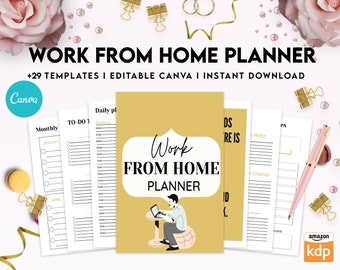 Work From Home Planner, Productivity planner, Working from home, freelancer solopreneur business planner, Editable Canva Templates