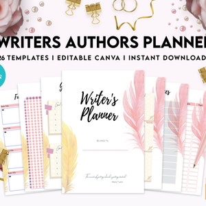 Op de afbeelding: Een printbare planner voor schrijvers en auteurs met 26 sjablonen. De omslag heeft een ontwerp met roze en gele veren met de tekst "Writer's Planner" en "Belongs to". De planner is bewerkbaar in Canva en is direct te downloaden.