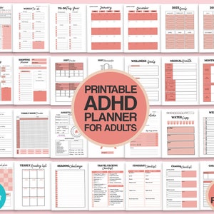 May include: A printable planner designed for adults with ADHD. The planner features a variety of pages, including daily calendars, weekly to-do lists, monthly symptom trackers, and more. The planner is designed in a pink and black color scheme with a simple and modern aesthetic. The text "Printable ADHD Planner for Adults" is featured in a large font on the cover.
