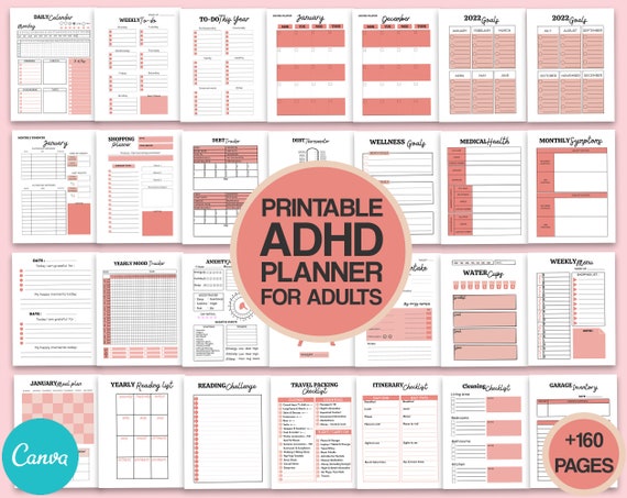 Customizable Adult ADHD journal, Adhd Life Planner Printable bundle, +160 editable Canva Templates, Planners, trackers, checklist.