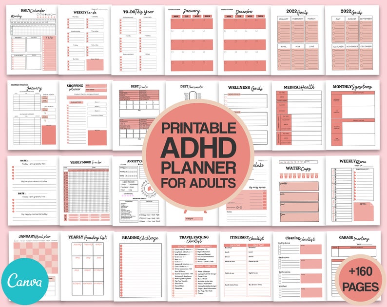 May include: A printable planner designed for adults with ADHD. The planner features a variety of pages, including daily calendars, weekly to-do lists, monthly symptom trackers, and more. The planner is designed in a pink and black color scheme with a simple and modern aesthetic. The text "Printable ADHD Planner for Adults" is featured in a large font on the cover.