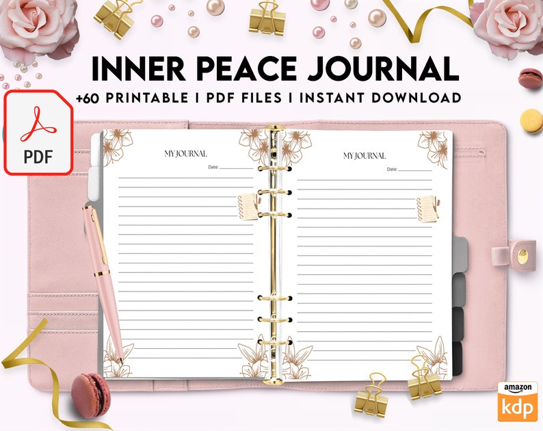 Pode incluir: Um di&aacute;rio rosa e dourado com o texto "INNER PEACE JOURNAL" e "MY JOURNAL" na capa. O di&aacute;rio tem uma encaderna&ccedil;&atilde;o de argolas douradas e &eacute; decorado com desenhos florais. O texto "+60 PRINTABLE I PDF FILES I INSTANT DOWNLOAD" tamb&eacute;m est&aacute; na capa.
