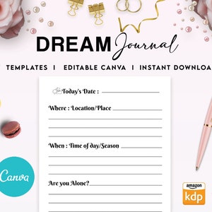 May include: A printable dream journal template with a pink and white background. The template includes a section for the date, location, time of day, and whether the dreamer was alone. The text "DREAM Journal" is at the top of the page. The text "7 TEMPLATES | EDITABLE CANVA | INSTANT DOWNLOAD" is below the title. The text "Canva" is in a circle on the left side of the page. The text "amazon kdp" is in a rectangle on the right side of the page.