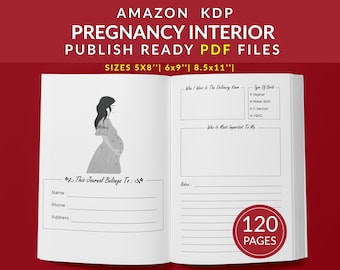 May include: A black and white illustration of a pregnant woman on the cover of a pregnancy journal. The journal has 120 pages and is available in 5x8, 6x9, and 8.5x11 inch sizes. The text on the cover reads "This Journal Belongs To:" and includes space for the owner's name, phone number, and address.
