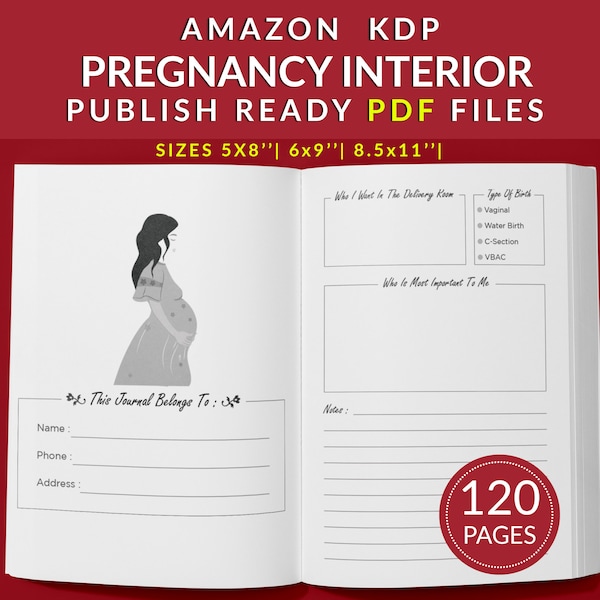 Pregnancy Journal 120 pagine Pronto per caricare PDF Uso commerciale Tracker pianificatore a basso contenuto o registro Modello KDP 6x9 8,5x11 5x8