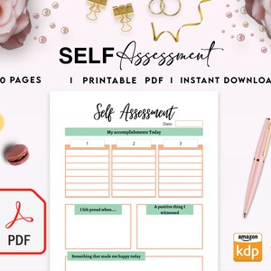 May include: A printable self-assessment worksheet featuring sections for daily accomplishments, proud moments, positive observations, and happy events. The document includes a date field, a PDF icon, a pink pen, and decorative elements like macarons and pearls.