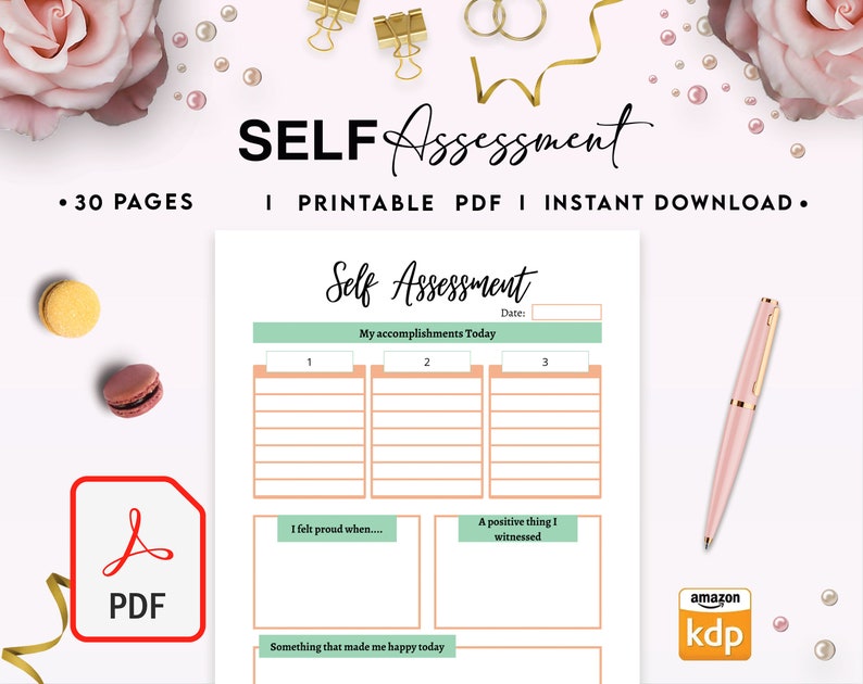 May include: A printable self-assessment worksheet featuring sections for daily accomplishments, proud moments, positive observations, and happy events. The document includes a date field, a PDF icon, a pink pen, and decorative elements like macarons and pearls.