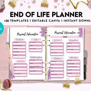 Puede incluir: Un planificador rosa y morado con el texto "End of Life Planner" y "+30 Templates | Editable Canva | Instant Download". El planificador tiene secciones para informaci&oacute;n personal, que incluyen informaci&oacute;n de contacto, informaci&oacute;n m&eacute;dica y contactos de emergencia.