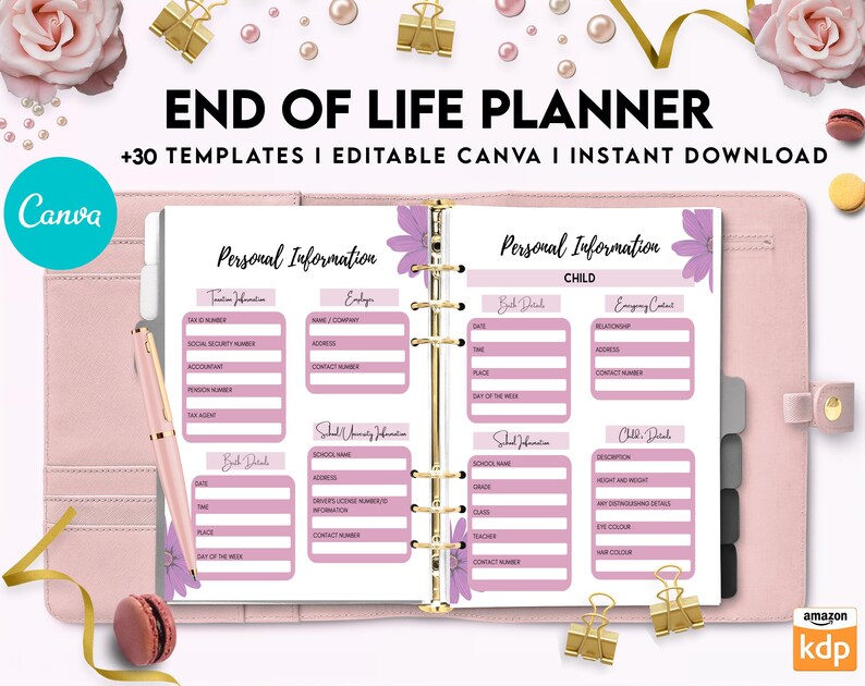 Puede incluir: Un planificador rosa y morado con el texto "End of Life Planner" y "+30 Templates | Editable Canva | Instant Download". El planificador tiene secciones para informaci&oacute;n personal, que incluyen informaci&oacute;n de contacto, informaci&oacute;n m&eacute;dica y contactos de emergencia.