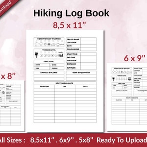 Hiking Log Book 120 pages Ready to Upload PDF used as Low Content Planner tracker or Log Book KDP, Size 6x9 8.5x11 5x8 Commercial Use