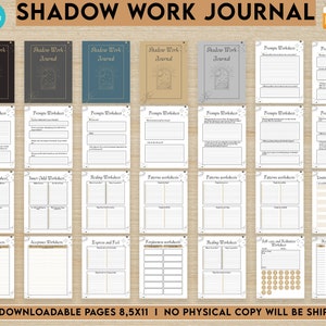 May include: A printable digital download of a shadow work journal with 100 pages. The journal features a variety of worksheets and prompts to help you explore your shadow self. The cover features a black and white illustration of a book with stars and a crescent moon.