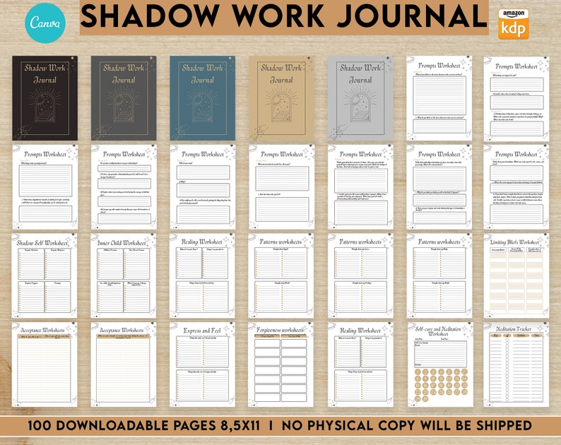 Shadow work guided journal With Prompts 100 Editable Templates, 8.5x11 Canva KDP Planner editable interiors Bundle COMMERCIAL Use image 1