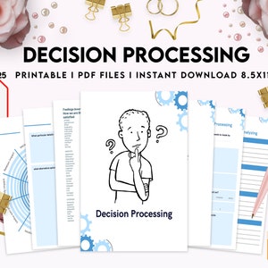 May include: A printable PDF download of 25 decision processing worksheets. The worksheets are designed to help you make better decisions by analyzing your feelings, options, and potential outcomes. The cover features a cartoon illustration of a person thinking with a question mark above their head.