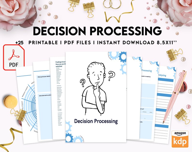 May include: A printable PDF download of 25 decision processing worksheets. The worksheets are designed to help you make better decisions by analyzing your feelings, options, and potential outcomes. The cover features a cartoon illustration of a person thinking with a question mark above their head.