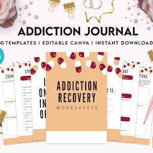 Addiction Journal, Addiction recovery therapy journal, Self care journal, mindfulness, self love journal, Editable Canva Templates