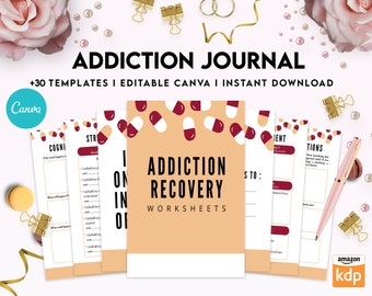 Addiction Journal, Addiction recovery therapy journal, Self care journal, mindfulness, self love journal, Editable Canva Templates