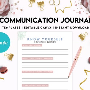 May include: A pink and white printable communication journal with the text "KNOW YOURSELF" and "ANSWER THESE QUESTIONS". The journal includes prompts such as "What makes me angry?" and "What type of person do I want to be?"