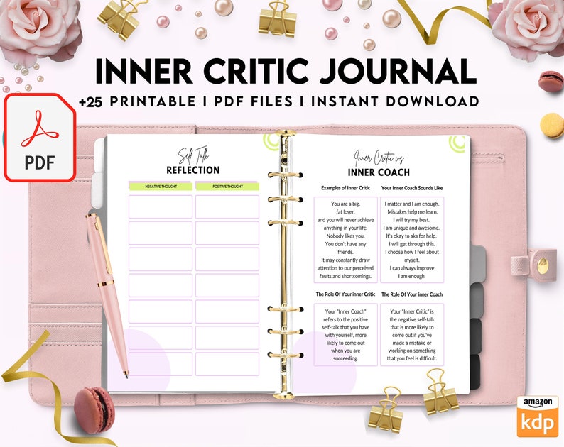 May include: A pink and white printable journal with the title "Inner Critic Journal" and the text "Self Talk Reflection" and "Inner Critic vs Inner Coach". The journal has a ring binder and is designed to help users identify and challenge negative self-talk.