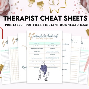 May include: A set of printable therapist cheat sheets in PDF format. The sheets include a list of podcasts to check out, a section for tracking therapy sessions, and a section for tracking things to work on. The sheets are designed to be printed on 8.5x11 inch paper.