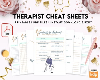 May include: A set of printable therapist cheat sheets in PDF format. The sheets include a list of podcasts to check out, a section for tracking therapy sessions, and a section for tracking things to work on. The sheets are designed to be printed on 8.5x11 inch paper.