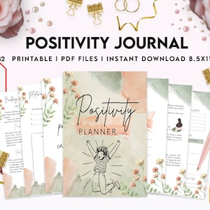 Puede incluir: Un diario de positividad imprimible con 32 páginas. La portada presenta un fondo de acuarela con un esquema de color rosa y verde. El título "Positivity Planner" está escrito en letra cursiva negra. Una ilustración de dibujos animados de una persona saltando de alegría está en el centro de la portada.