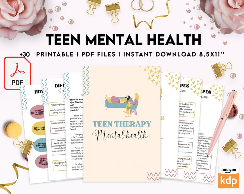 Pu&ograve; includere: Un set di file PDF stampabili intitolati TEEN MENTAL HEALTH, con pagine da 21,59x27,94 cm contenenti testi sulla terapia, illustrazioni di persone su un divano e motivi decorativi, inclusi fogli di lavoro e guide per la salute mentale.