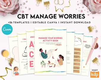 May include: A colorful printable activity book titled "Manage Your Worries Activity Book" with illustrations of people and a rainbow. The book is designed to help children ages 12 and up explore, understand, and manage their worries. The book is available for instant download and is editable in Canva. The book includes 26 templates.