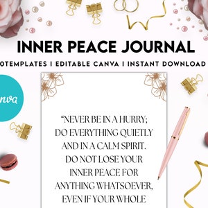 K&ouml;nnte beinhalten: Ein rosa-goldener druckbarer Journal-Umschlag mit dem Text "INNER PEACE JOURNAL" und "+60TEMPLATES I EDITABLE CANVA I INSTANT DOWNLOAD". Der Umschlag zeigt ein Zitat &uuml;ber inneren Frieden und ein florales Design.