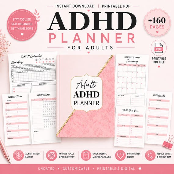 Adult ADHD Daily Planner, ADHD journal, ADHD bundle printable, daily weekly monthly Yearly planner, Wellness meditation Health, Life Planner