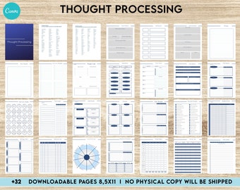 Thought Processing Journal Pages for daily self care, mental health, and emotion list with breakdown worksheets, Canva Editable Templates