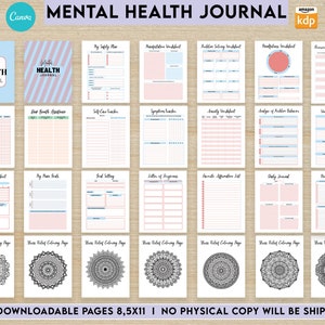 May include: A printable mental health journal with 60 pages, featuring a variety of worksheets and coloring pages. The cover features a pink and blue striped design with the text "Mental Health Journal".